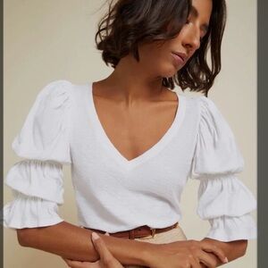 Nation LTD White Puff Sleeve V-Neck Blouse